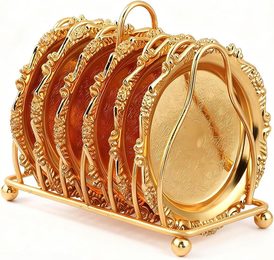 Luxury Gold Coasters Set, 6-Piece Hotel Style Drink Coasters with Holder, Elegant Gold Room Accessories for Bar & Coffee Table Decor