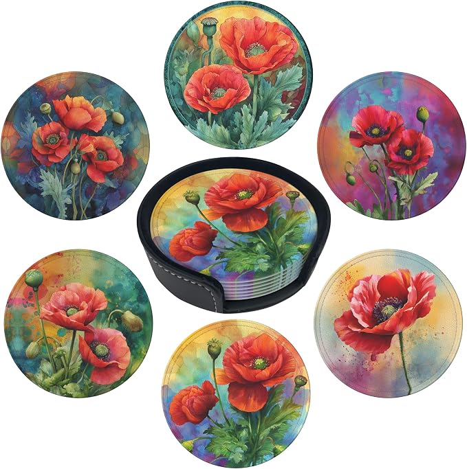 Musical Coasters Leather Round Drink Coasters 6 Pcs Set with Holderor for Cup Drink Coffee Table Bar Home Decor - Red Poppy