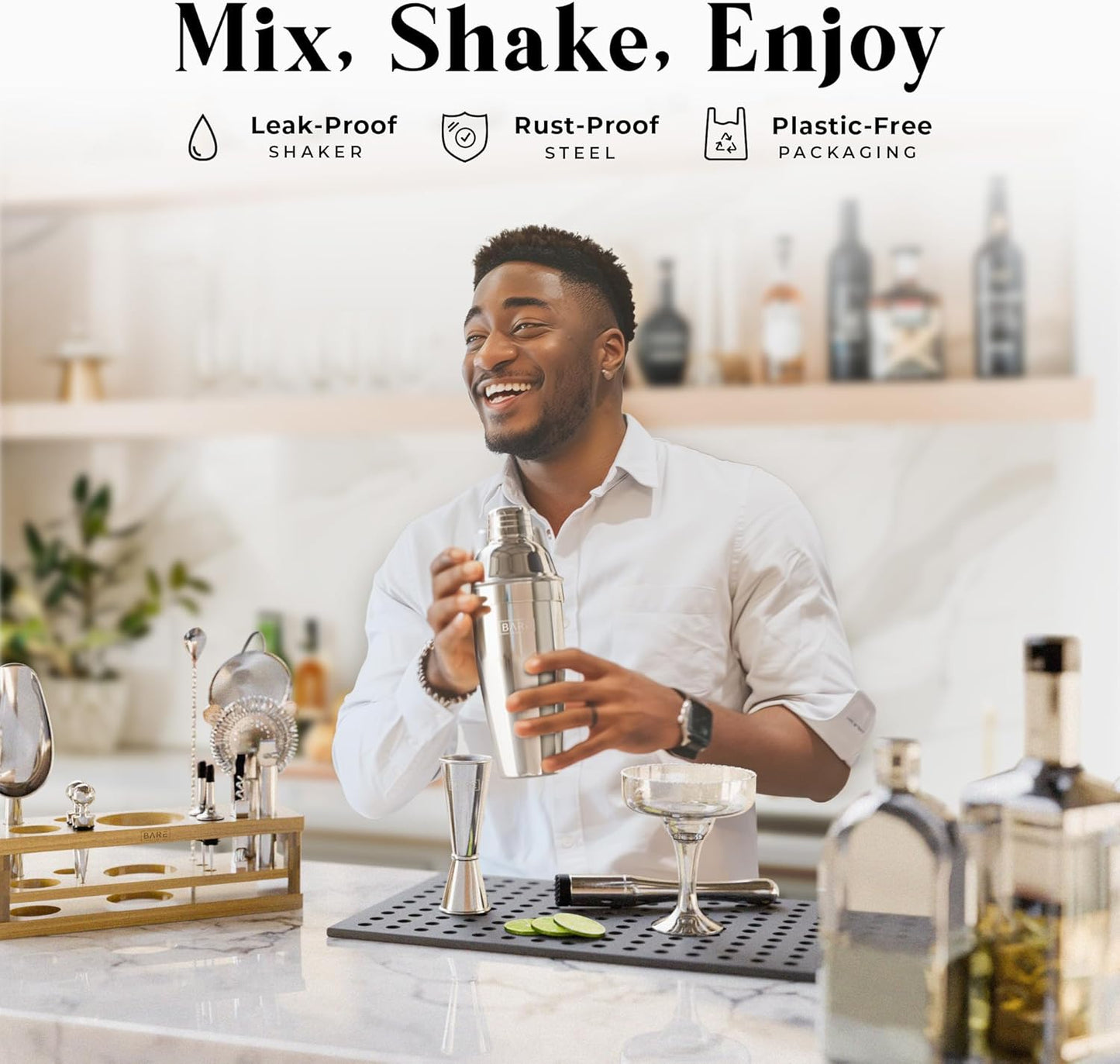 BARE BARREL® Mixology Bartender Kit Bar Set | 16-Piece Cocktail Shaker Set | Martini Barware Mixing Tools for Home Bartending | Incl. 35 Recipe Cards | Gift Set (24oz Cobbler Shaker, Silver/Natural)