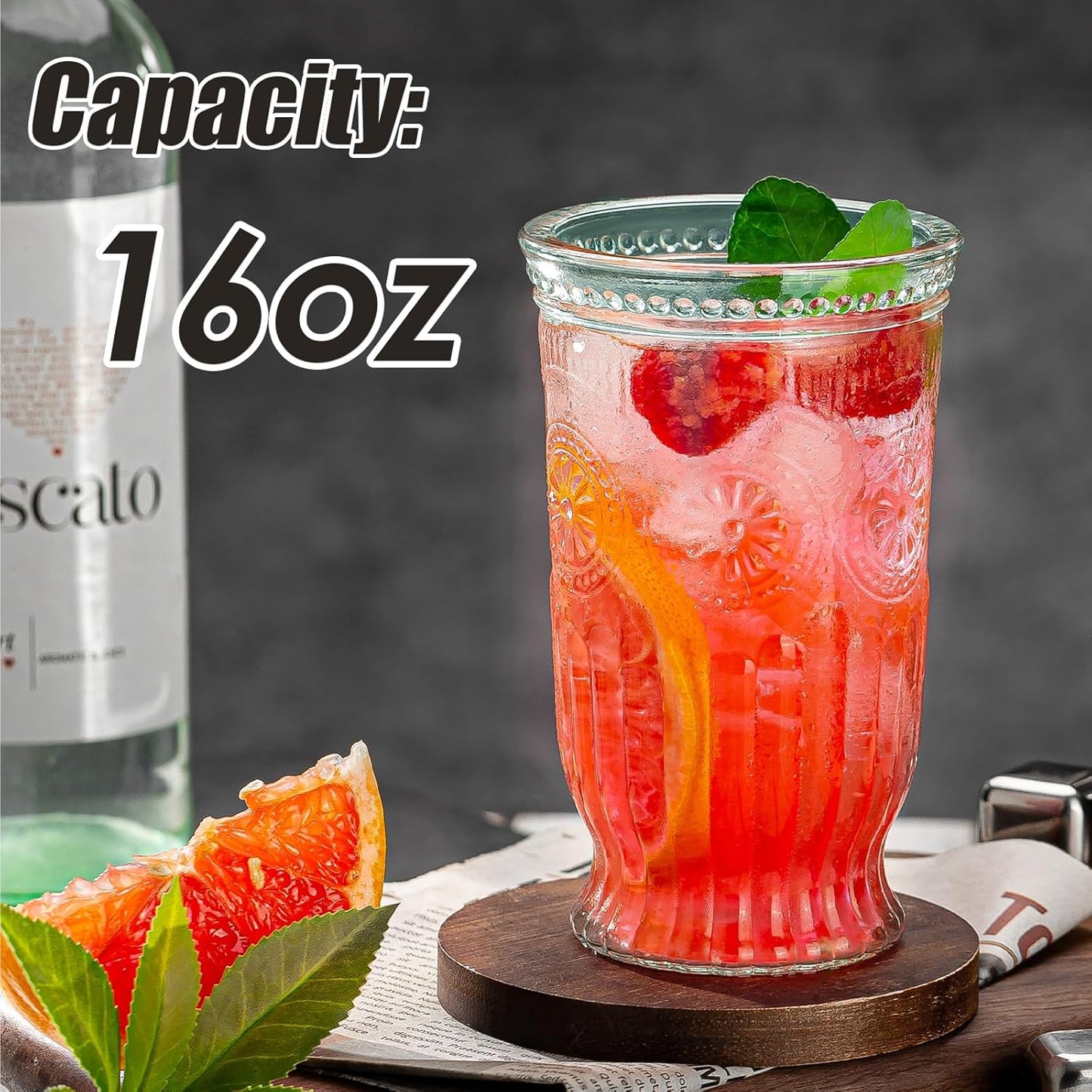 Vintage Drinking Glasses, 12 pcs Embossed Designed Highball Glasses, 16oz Glass Cups, Tall Water Glass Tumbler, Mojito Cup, Cocktail Glass, Vintage Glassware Set for Juice, Cocktail, Whiskey
