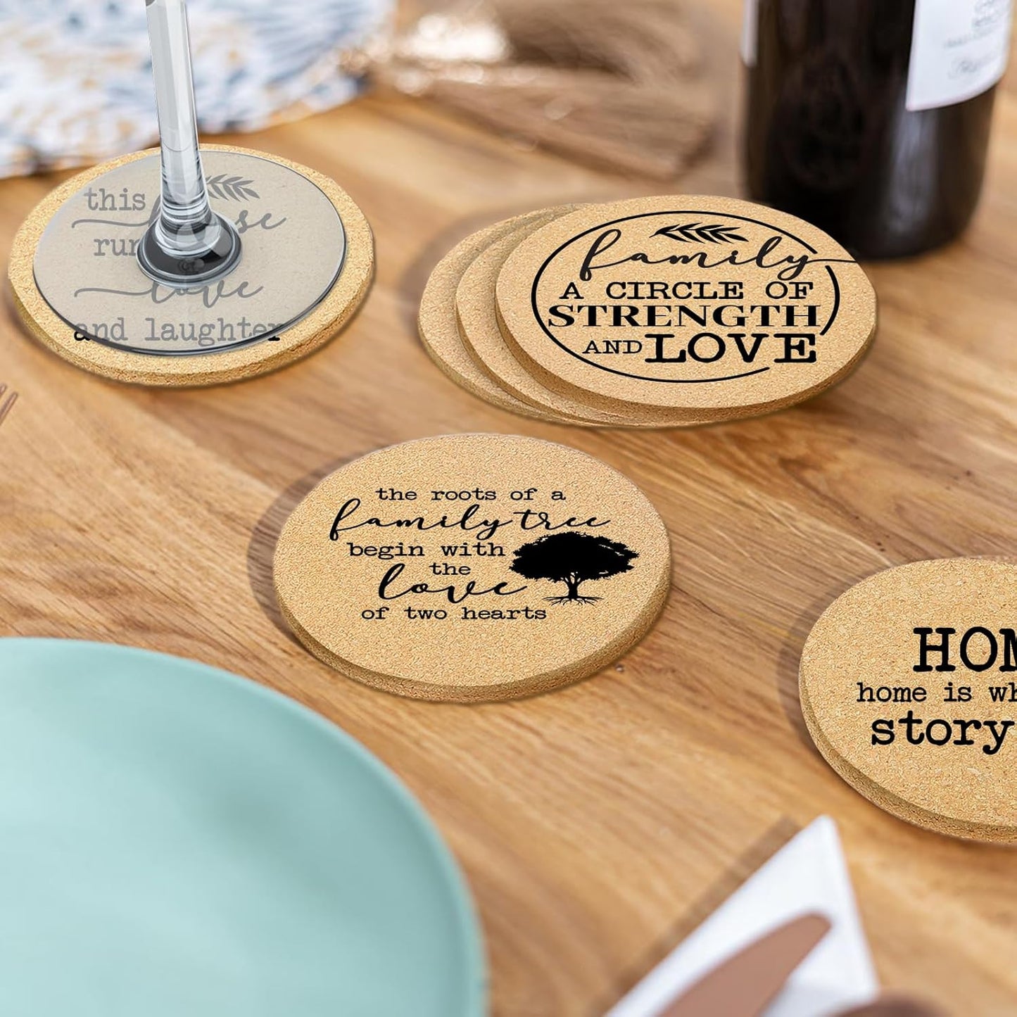 Coasters for Drinks with Holder Set of 6, Family Coasters Home&Love Coaster for New Home Couples House Warming Gifts Absorbent Cork Wood for Cup Desk Coffee Table Office Kitchen Decor, Round 4"