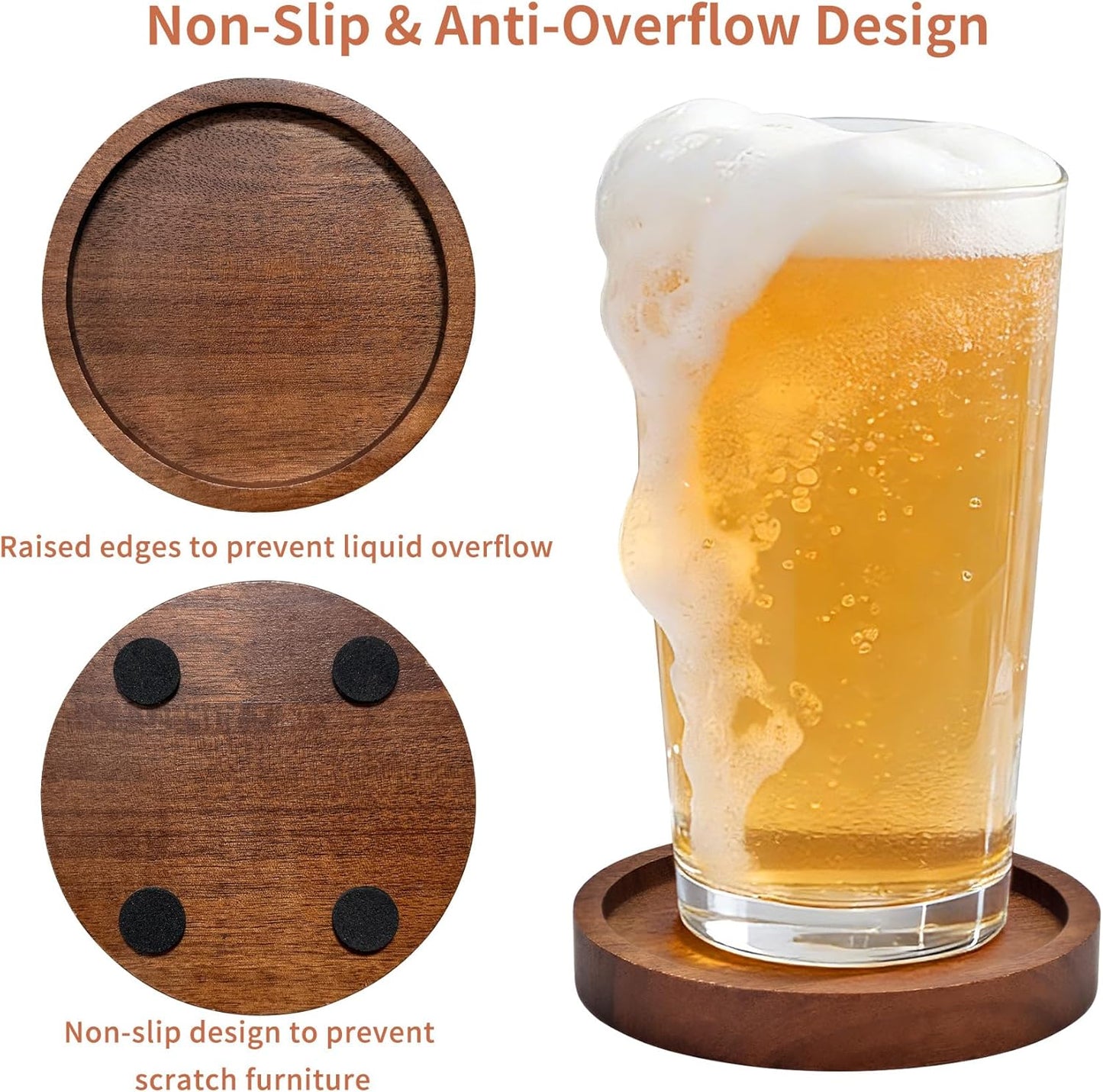 Wood Drink Coasters with Holder, Set of 4, Natural Absorbent Wooden Coasters for Drinks, Modern Rustic Farmhouse Office Bar Decor, Coffee Table Cup Coaster