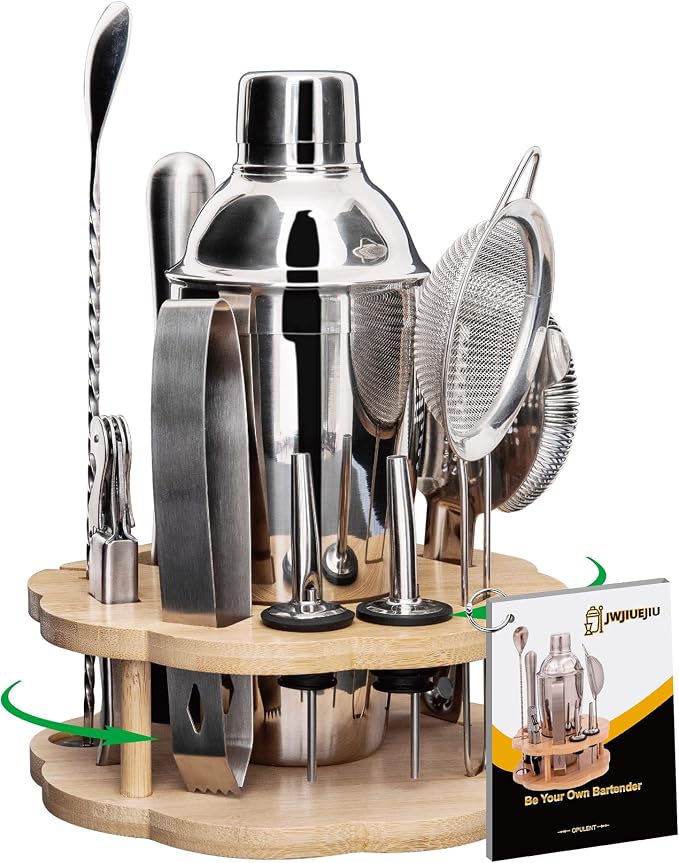 Cocktail Shaker Set Bartender Kit with Rotatble Bamboo Stand,11 Piece Bar Set Stainless Steel Bar Accessories for Drink Mixing, Bar, Home, Party (Frosted Black) - B0CG2WVF4R