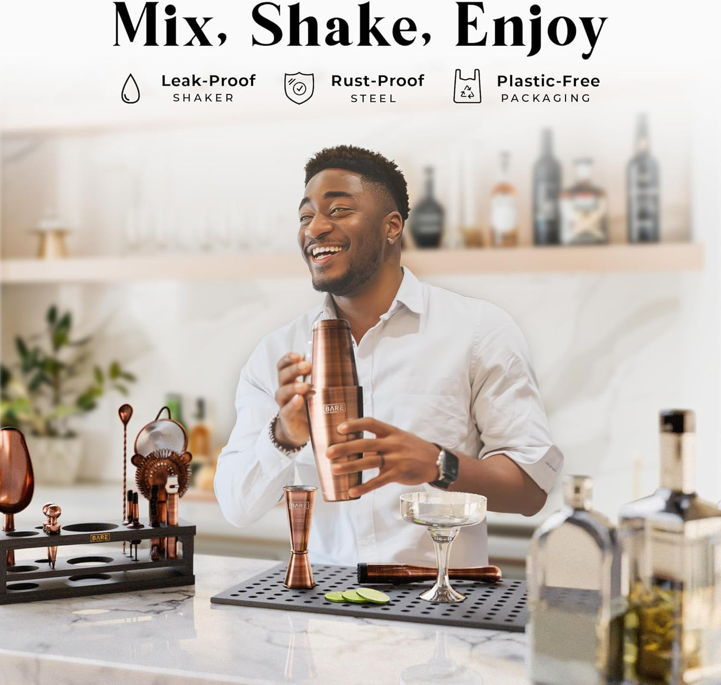 BARE BARREL® Mixology Bartender Kit Bar Set | 16-Piece Cocktail Shaker Set | Martini Barware Mixing Tools for Home Bartending | Incl. 35 Recipe Cards | Gift Set (28oz Boston Shaker, Copper/Black)