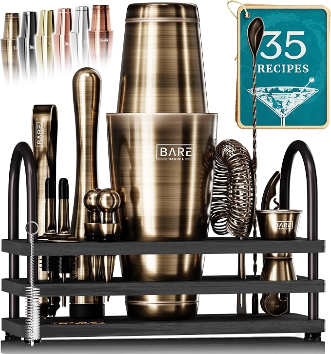 BARE BARREL® Mixology Bartender Kit Bar Set | 14-Piece Cocktail Shaker Set | Martini Barware Mixing Tools for Home Bartending | 35 Recipe Cards | Gift Set (28oz Boston Shaker, Jet Black/Black) - Brass/Black