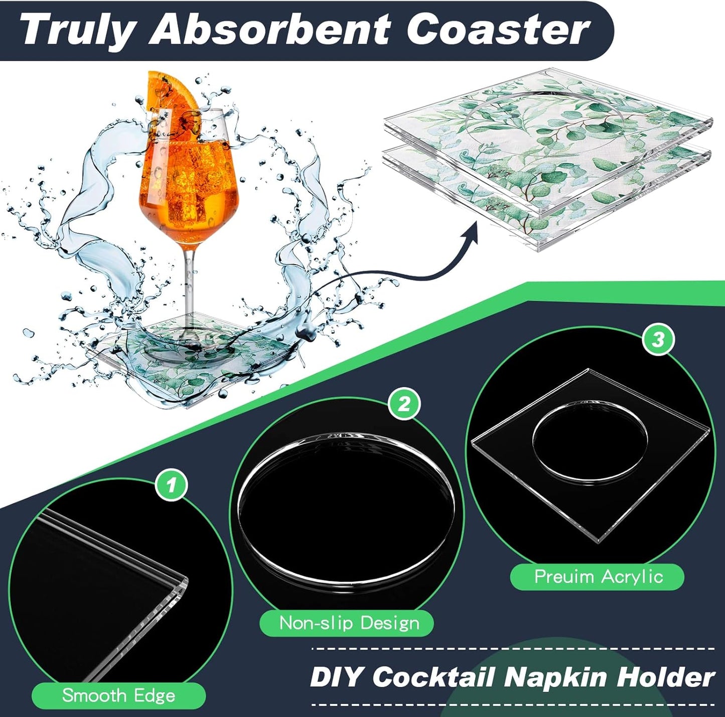 Weecent 4 Pack Acrylic Coasters DIY Cocktail Napkin Holder Clear Water Resistant Shatterproof Coaster for Any Holidays Occasions Home Office Decor and Protect Table