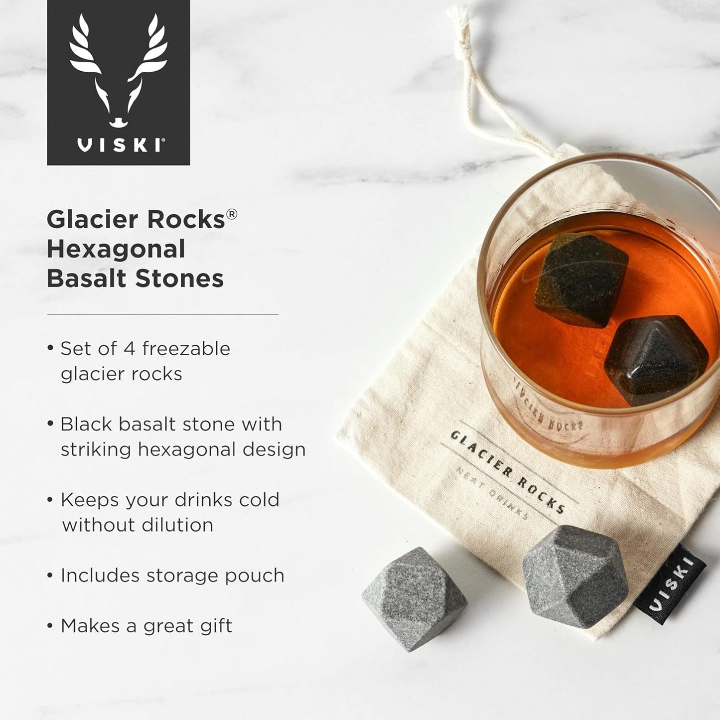 Viski Glacier Rocks Hexagonal Basalt Stones, Bourbon Stones, Whiskey Stones Set of 4, Chilling Stones for Drinks, Whiskey Accessories