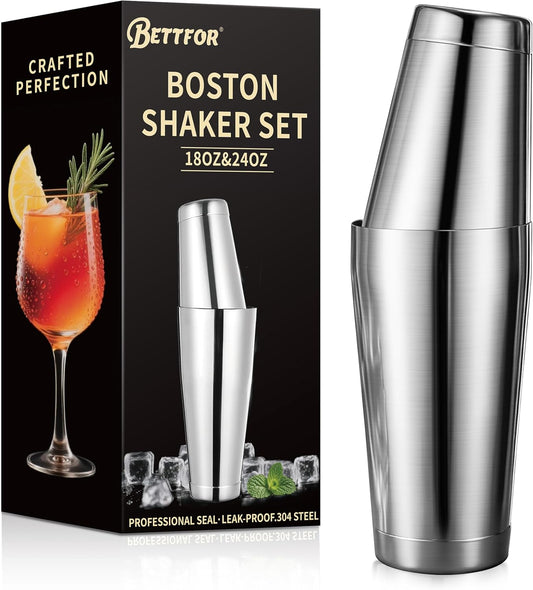 Boston Shaker Set, 18oz & 28oz 2-Piece Tins, Professional 304 Stainless Steel Cocktail Shaker with Leak-Proof Weighted Base for Bartending, Home & Bar Use (Silver) - Silver