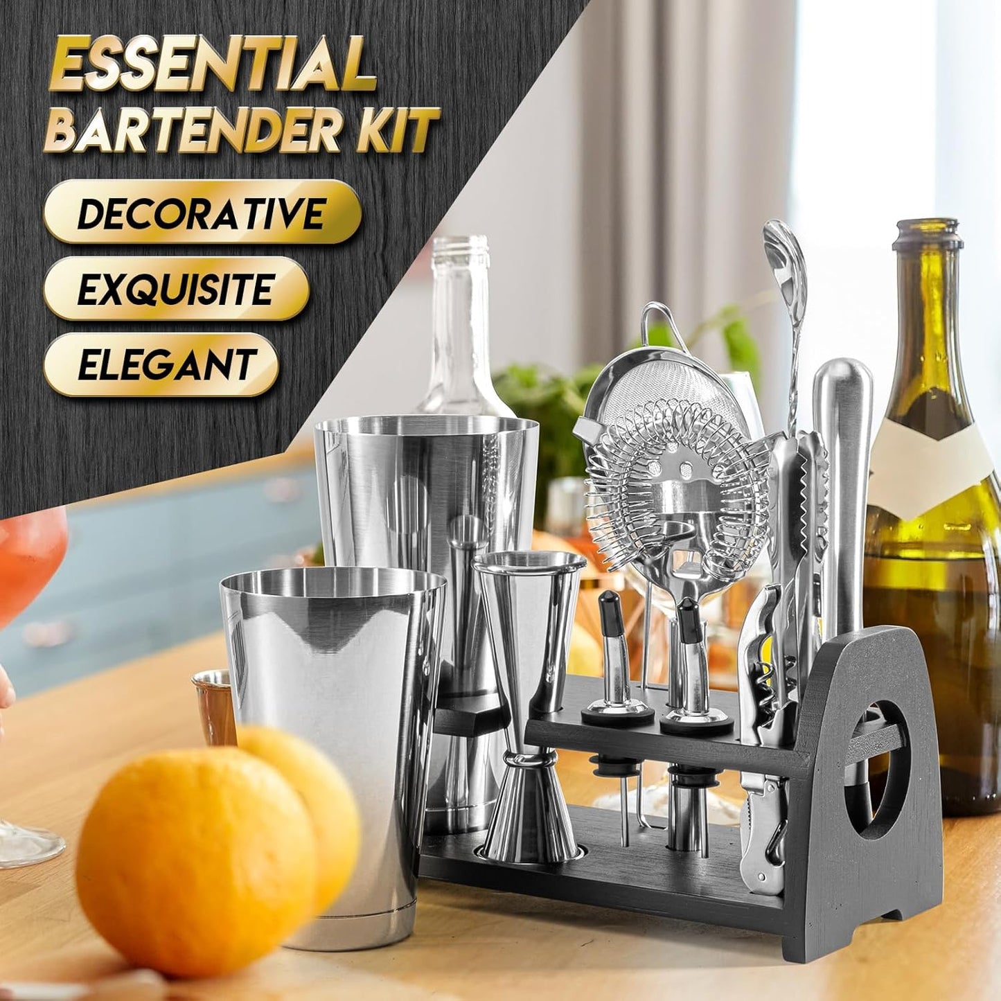 Semderm Boston Shaker Set, Weighted Cocktail Shaker & Mixology Bartender Kit - Heavy Duty 18/8 Stainless Steel Tins with Black Bamboo Stand - Includes Fine Mesh Strainer & Jigger