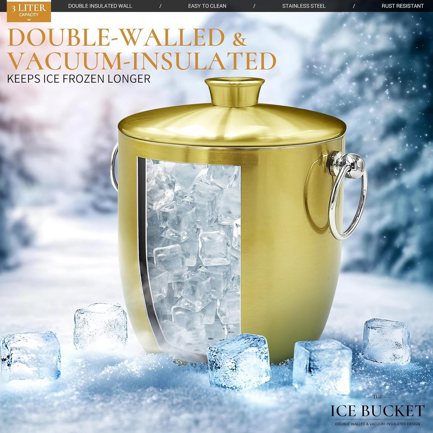 Ice Buckets for Parties with Lid,Tongs and Strainer (3L/Gold) Double Wall Stainless Steel Ice Bucket Keeps Frozen Longer,Ideal Perfect for Parties, Cocktail bar, Chilling Wine, Champagne