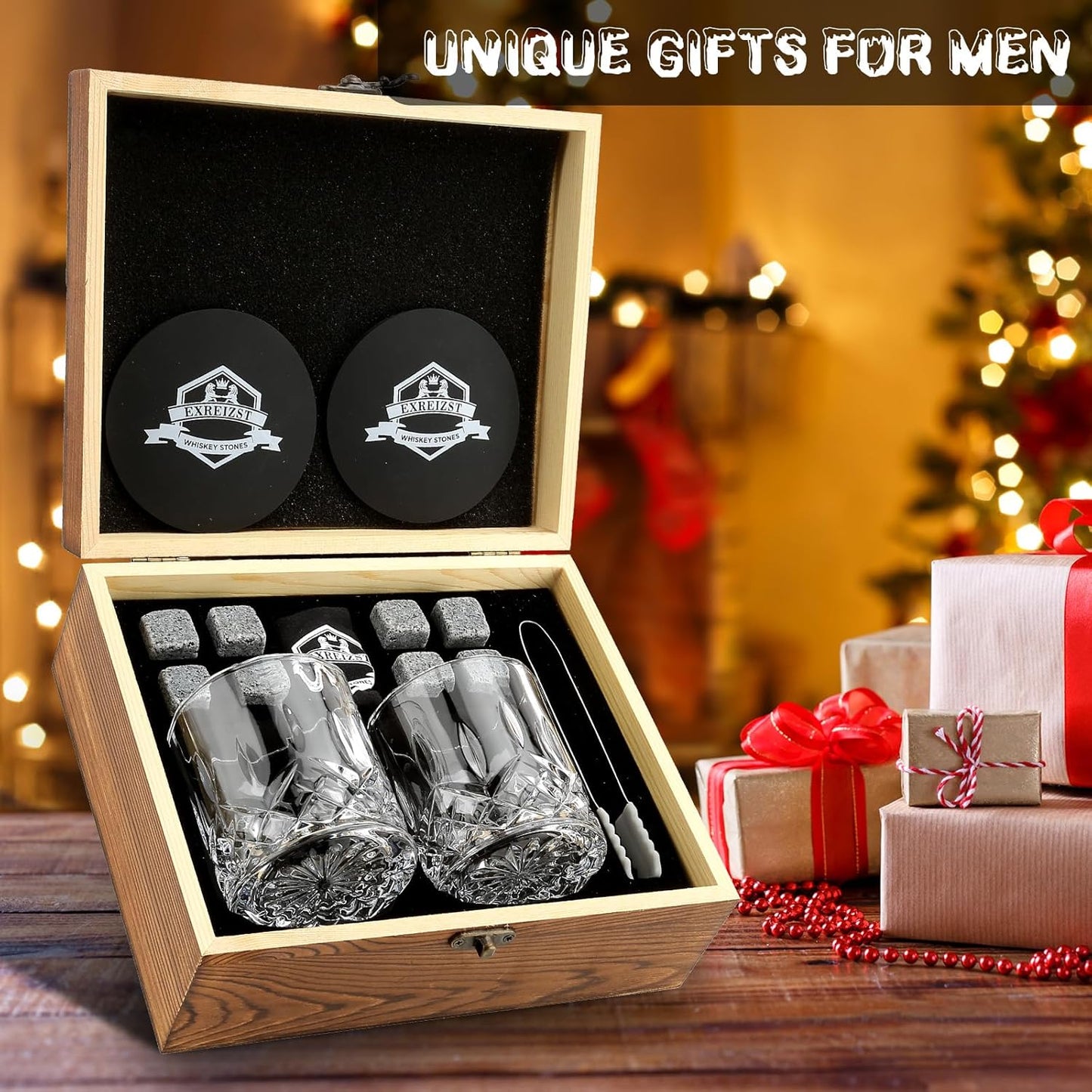 Whiskey Stones Gifts Set - Whiskey Glasses Set of 2 - Granite Chilling Whiskey Rocks - Scotch Bourbon Gifts for Men -Father's Day Birthday Gifts for Men Dad Him Husband Drinking Gift for Holiday