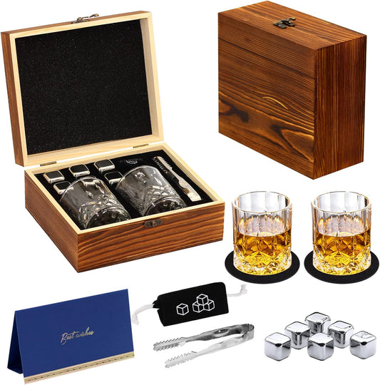 Whiskey Set Gifts for Men, DIOXADOP 6 Stainless Steel Whisky Stones 2 Crystal Whisky Glasses 1 Blessing Card in a Exquisite Wooden Box, Prepare a Gift for Whiskey Scotch Bourbon Lover - Stainless Steel Whisky Set