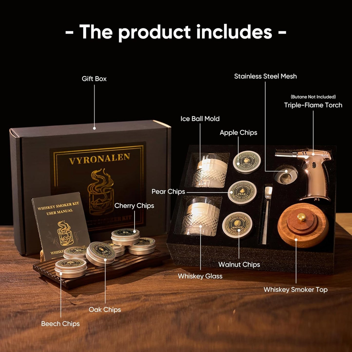 Whiskey Smoker Kit with Torch, 6 Wood Chip Flavors, 2 Heavy Whiskey Glasses, 2 Ice Ball Molds, Cocktail Smoker Kit for Old Fashioned, Bourbon & Drinks, Gift Set for Men, Father (No Butane)