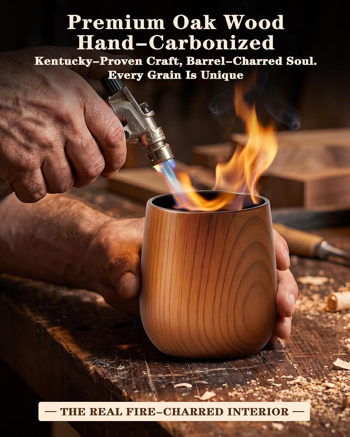 Bonteck Large Original Charred Wooden Bourbon Drinking Glass | 14 oz Charred Wooden Old Fashioned Whiskey Glass | Bourbon Gifts for Men, Dad, Boyfriend, or Brother | Whiskey Gifts (1 Pack)
