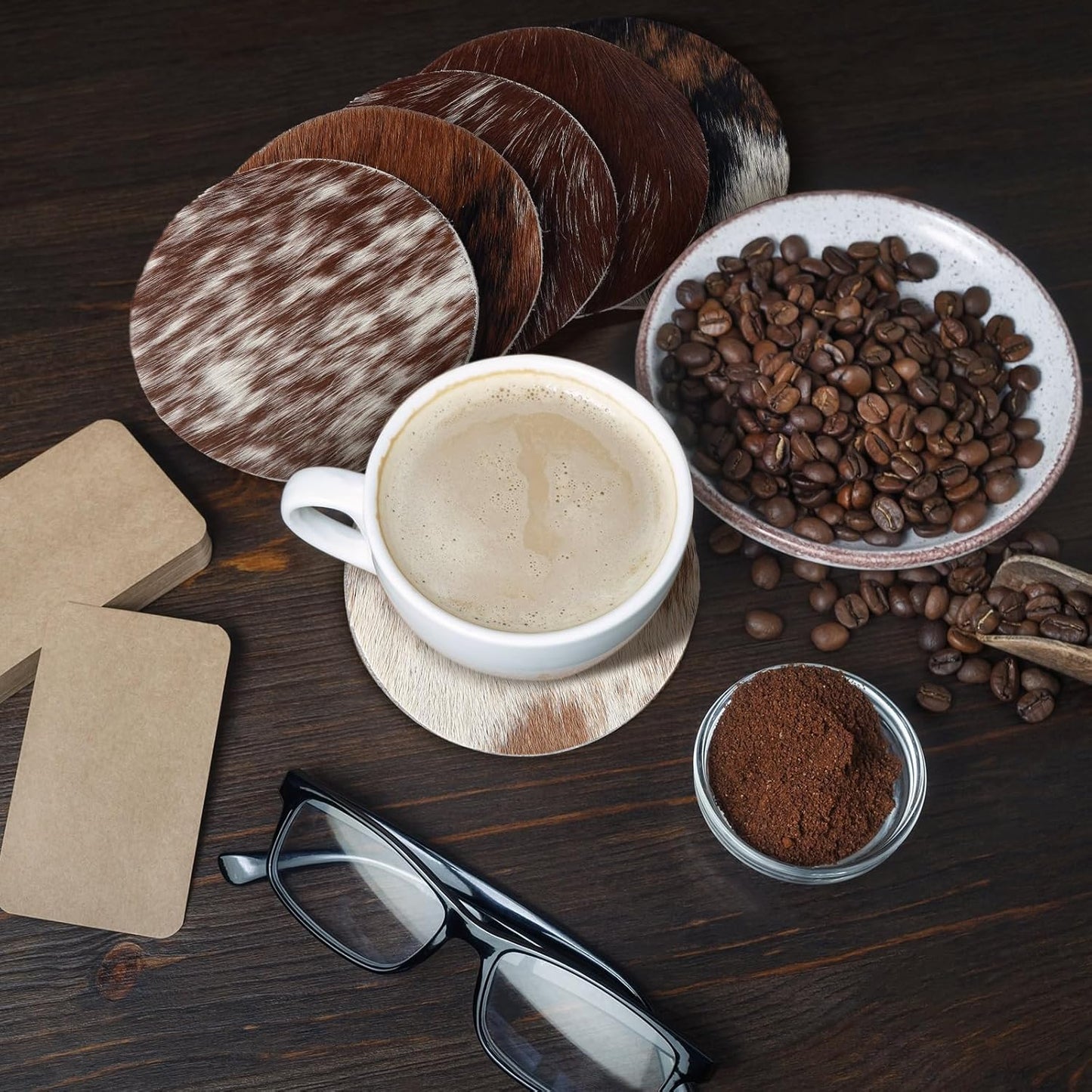 Hushee 12 Pcs Cowhide Coasters Round Natural Leather Cowhide Drink Coasters for Tea Cup Living Room Office Desk Decoration