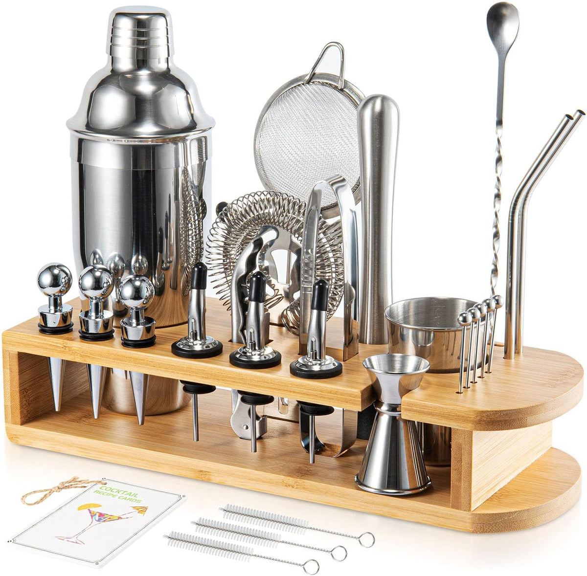 Semderm Cocktail Shaker Set, 26-Piece Premium Mixology Bartender Kit - 18/8 Stainless Steel Bar Set with Bamboo Stand - Includes Mixing Tin, Hawthorne & Mesh Strainer - Professional Gift for Men - 26 PCS Cobbler Shaker