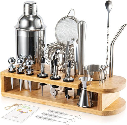 Semderm Cocktail Shaker Set, 26-Piece Premium Mixology Bartender Kit - 18/8 Stainless Steel Bar Set with Bamboo Stand - Includes Mixing Tin, Hawthorne & Mesh Strainer - Professional Gift for Men - 26 PCS Cobbler Shaker