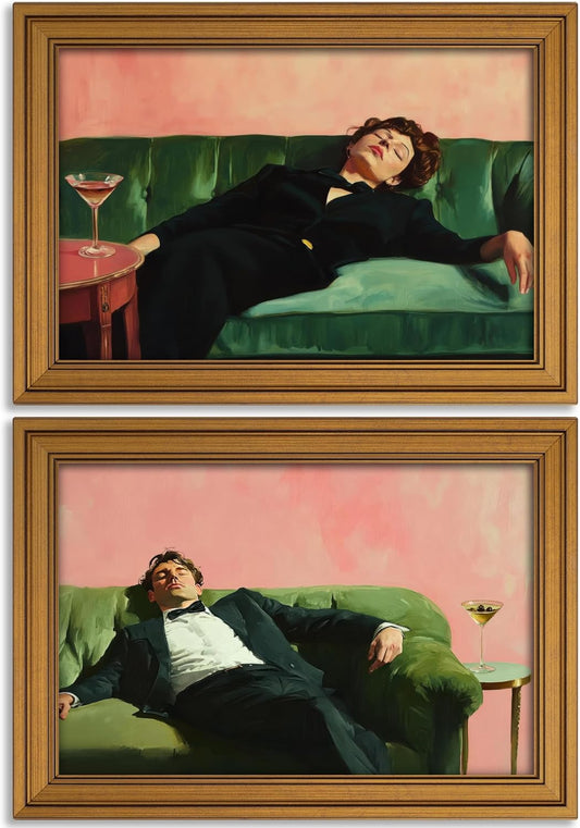 Vintage Gold Framed Bar Wall Art, Victorian Woman and Man on Couch with Martini Oil Painting Canvas Prints, Eclectic Cocktail Picture, Trendy Bar Cart Decor Poster Artwork for Kitchen Dining Room