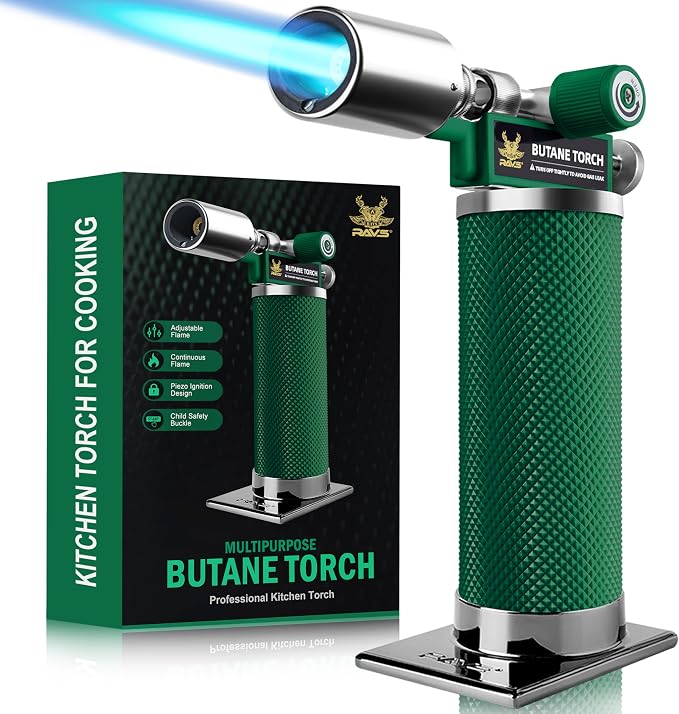 RAVS Butane Torch Lighter, Premium Metal Kitchen Torch, Black - Emerald Green