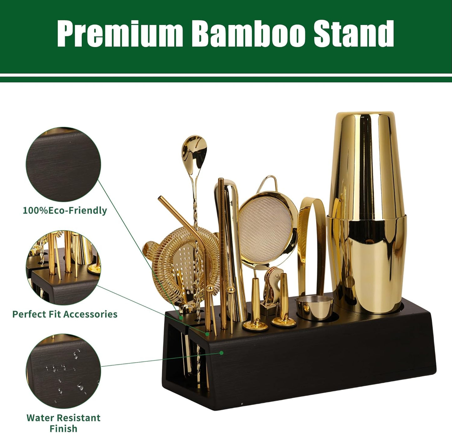 Cocktail Shaker Set Bartender Kit with Bamboo Stand, 15-Piece Stainless Steel Bar Set Accessories, Professional Bartending Kit Home Bar Tools Set with Recipes (Gold, Black Stand)