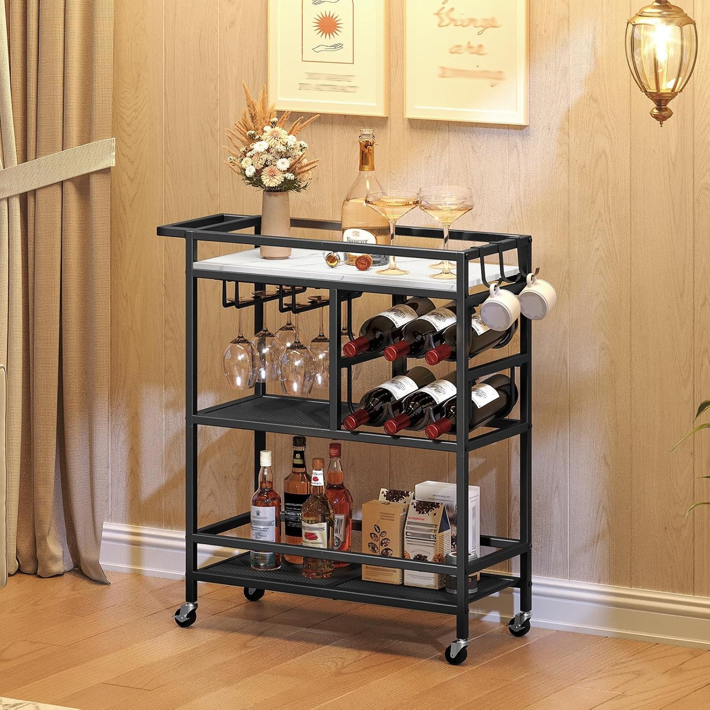MAHANCRIS Bar Cart for Home, 3-Tier Serving Cart with Wheels and Handle, Beverage Cart with Wine Rack and Glass Holders, Rolling Wine Cart for Kitchen, Dining Room, Marble and Black RCHM6101