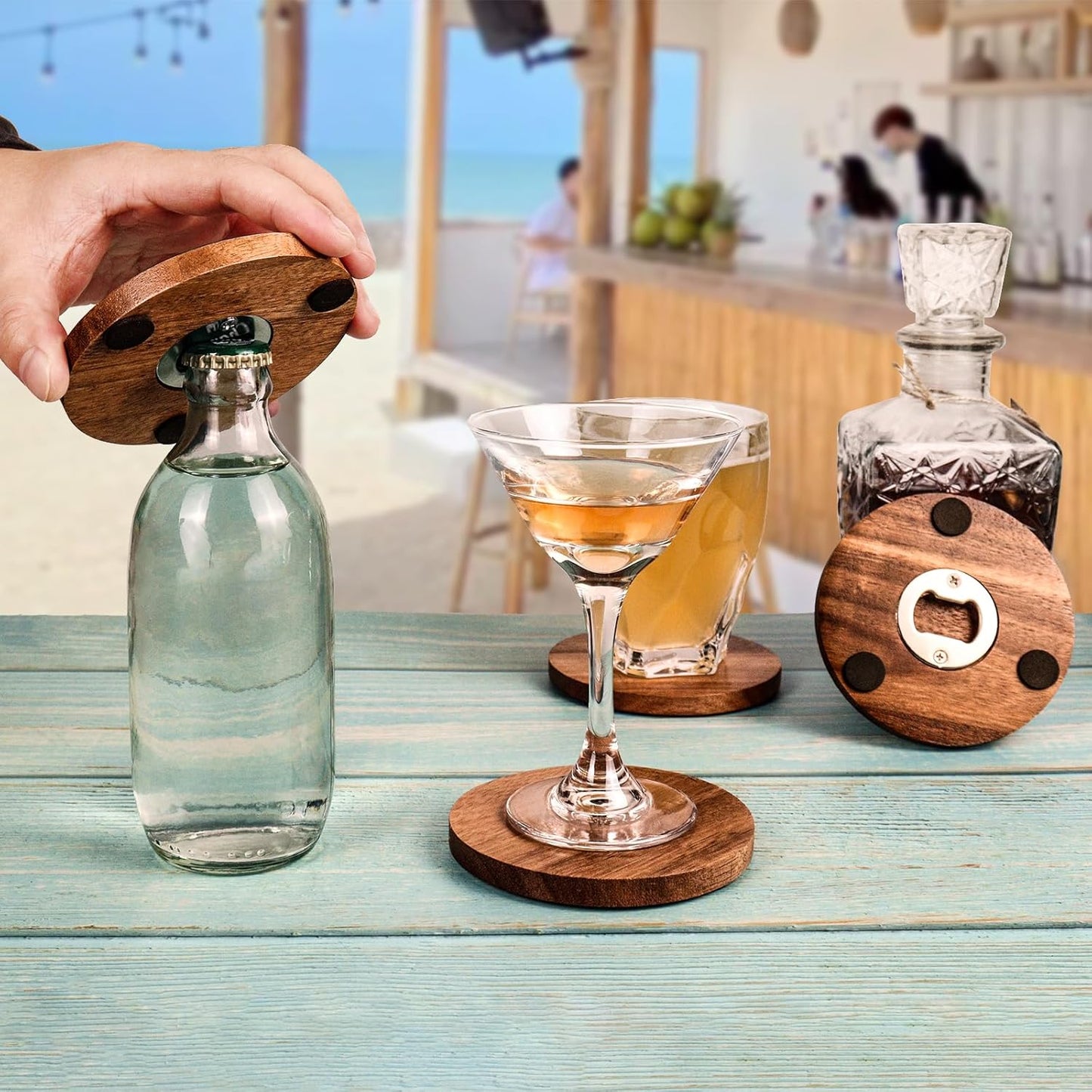 2-in-1 Wood Coasters with Bottle Opener, Set of 4 with Holder– Funny Acacia Wood Drink Coasters with Stainless Steel Openers & Non-Slip Feet – Durable and Functional for Beer or Soda Drinking
