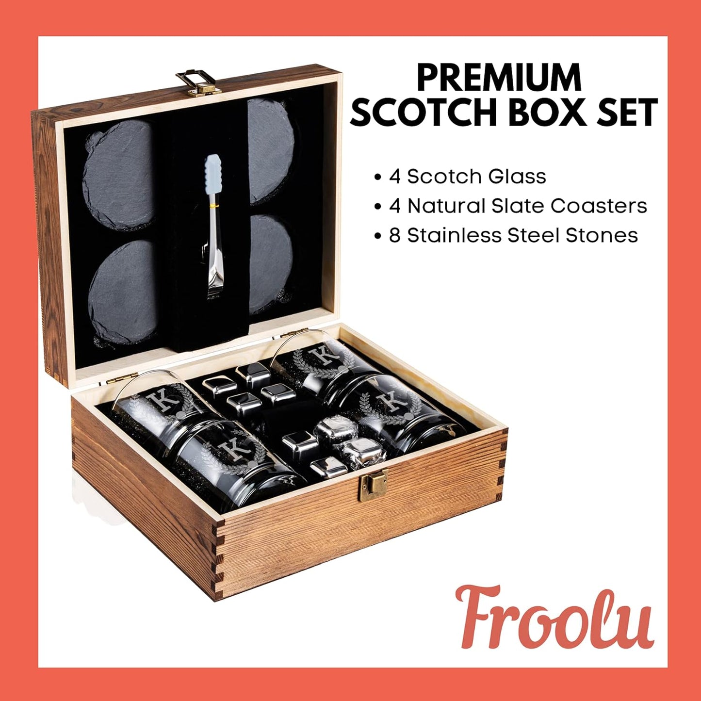 Froolu Customized Whiskey Gifts for Men - Personalized Scotch Glass Gift Set with Box - Engraved Wisky Rocks Glasses for Boyfriend, Husband, Dad - Valentine's, Birthday, Anniversary, Christmas.