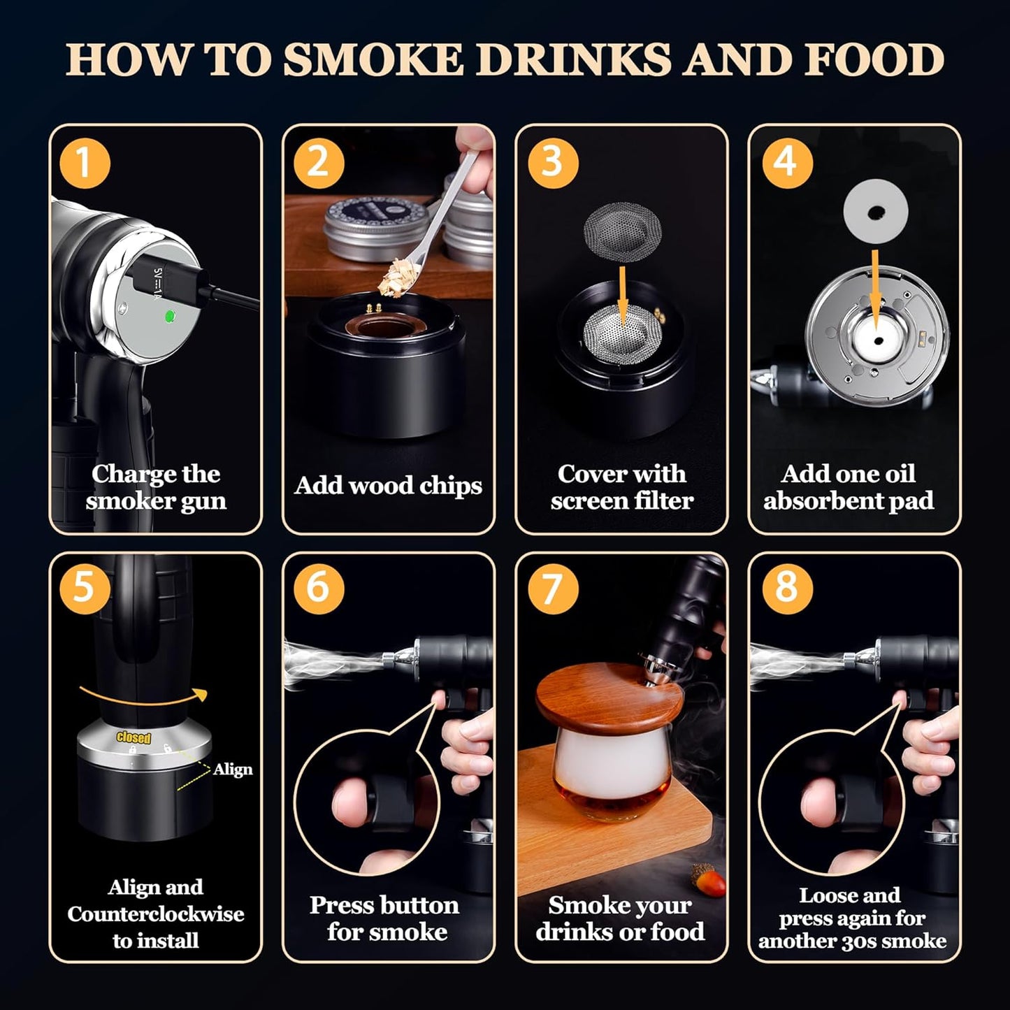 Electric Cocktail Smoker Kit - Rechargeable Whiskey Smoker Kit with Smoking Gun,Smoked Old Fashion Cocktail Bourbon Infusing Kit,8 Wood Chips,Birthday Unique Gifts for Men Husband,Bar Tool Set, Black