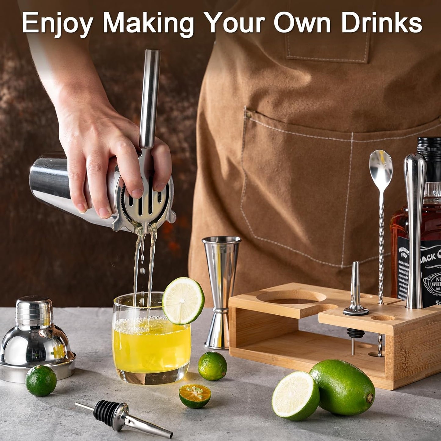 BRIOUT Cocktail Shaker Set Bartender Kit with Stand, Bar Set Drink Mixer Set with All Essential Accessory Tools: Martini Shaker, Jigger, Strainer, Mixer Spoon, Muddler, Liquor Pourers | Silver