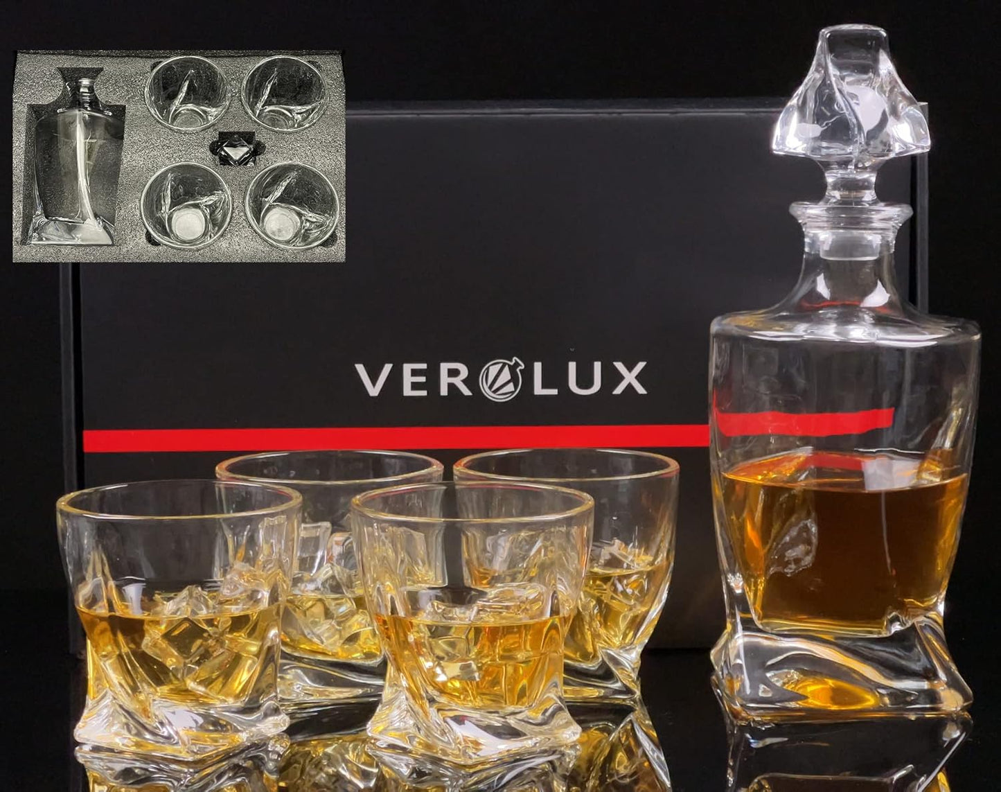Whiskey Gifts for Men, Whiskey Decanter Set with 4 Glasses in Gift Box by Verolux | Elegant Twisted Design with Glass Stopper - Liquor, Bourbon, Brandy, Gin, Rum, Tequila, Vodka, Cognac