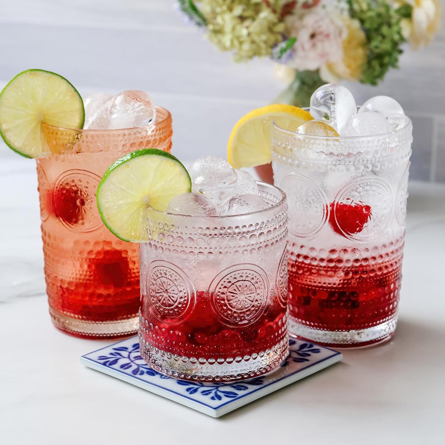Hobnail Beaded Floral Clear Drinking Glasses Set of 6, (10 oz) Vintage Glassware Set by Kate Aspen| Cocktail Glass Set, Juice Glass, Water Cups | Great Hostess Gift & Gift for New Home Owners