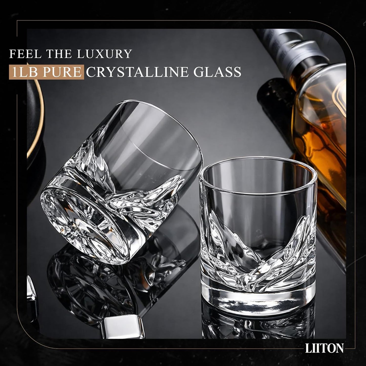 LIITON Grand Canyon Heavy Crystal Whiskey Glasses Gift Set of 4, Thick Freezable Bourbon Glass 1lb Each, Premium Whiskey Gifts for Men, Frozen Crystal Chills Cocktails, 10 oz