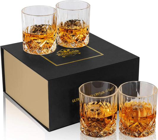 KANARS Old Fashioned Whiskey Glasses with Luxury Box - 10 Oz Rocks Barware For Scotch, Bourbon, Liquor and Cocktail Drinks - Set of 4 - Men Gift - Set of 4