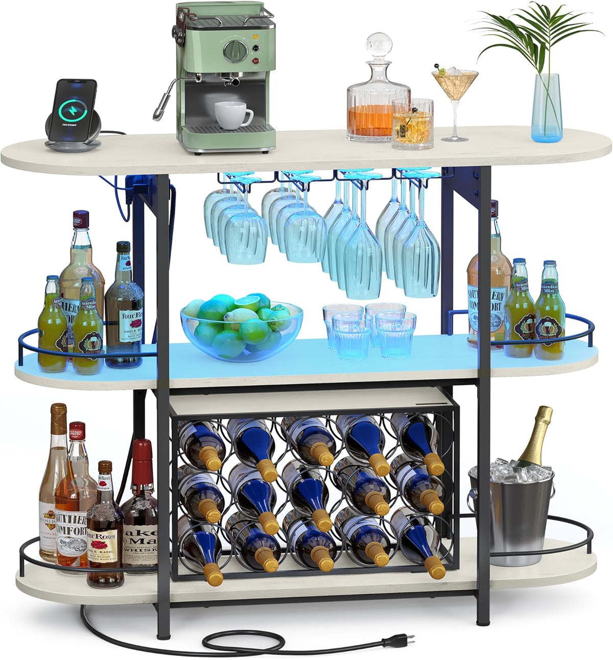VASAGLE Bar Cabinets for Home, LED Coffee Bar with Power Outlets - Rustic White