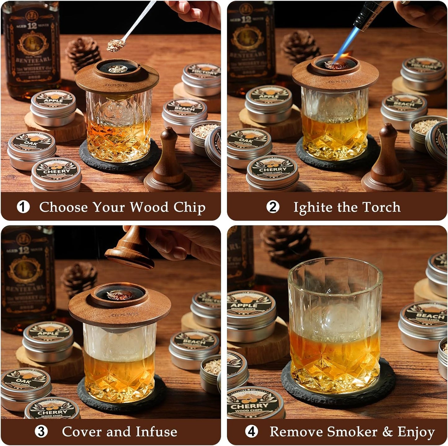 Whiskey Smoker Kit with Torch - 6 Flavors Wood Chips, 2 Glasses, Cocktail Smoker Infuser Kit, Old Fashioned Drink Smoker Kit, Birthday Valentine's Day Bourbon Whiskey Gifts for Men, Dad(No Butane)