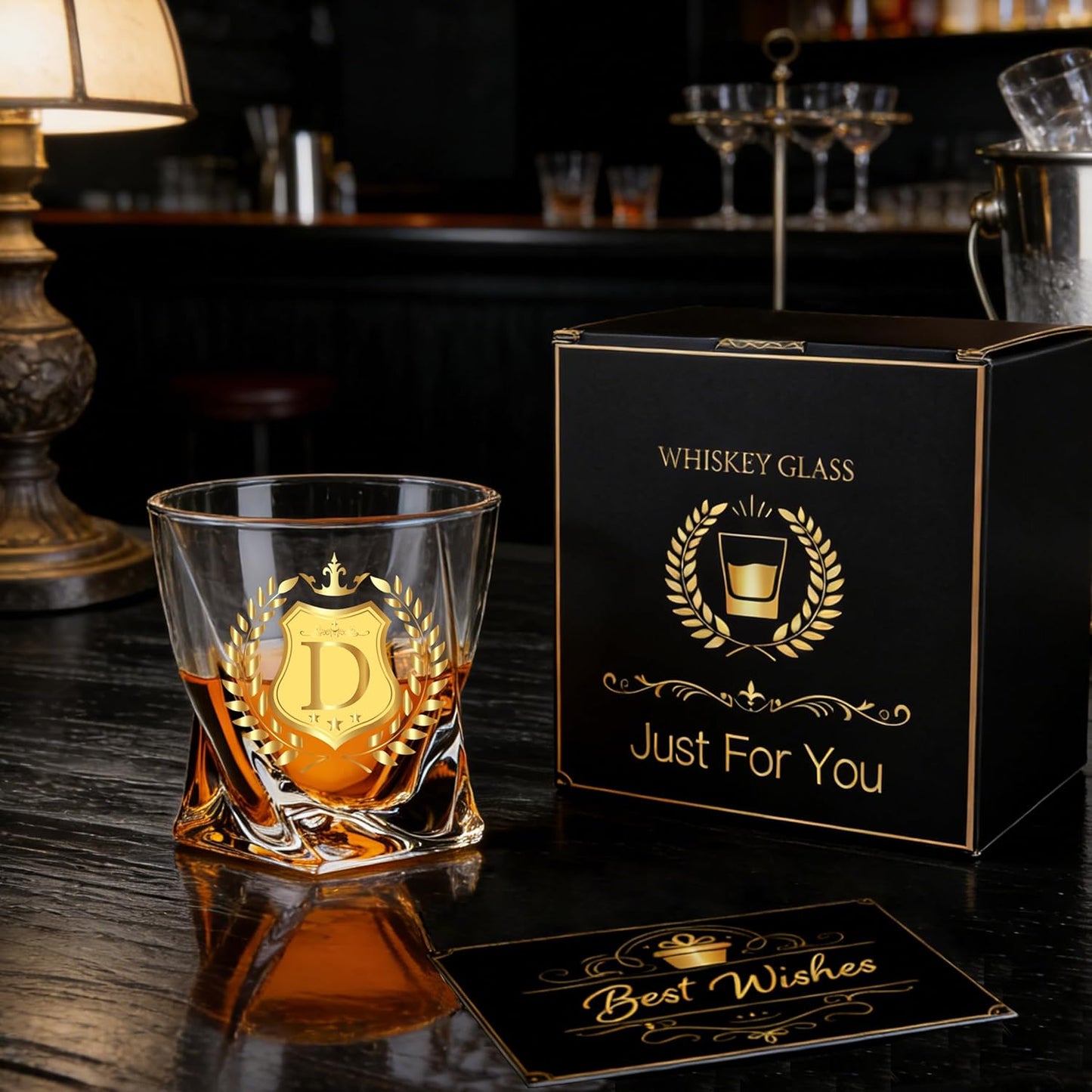 Monogrammed Whiskey Glass Gift Initial Letter D Gift for Man Woman Personalized A-Z Wine Glasses Gifts Package with Whisky Glass and Greeting Card for Men or Women
