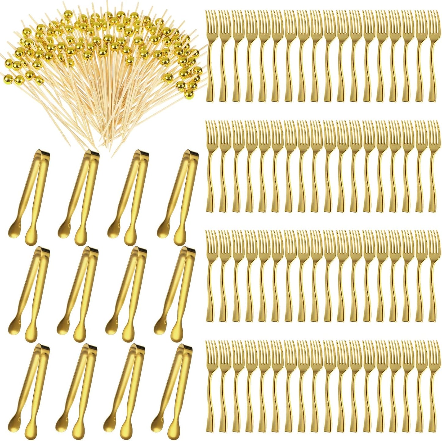 Therwen 184 Pcs Gold Serving Utensils Set 72 Plastic Appetizer Forks 100 Cocktail Toothpicks 12 Stainless Steel Tongs Charcuterie Utensils for Family Festival Party Weddings Appetizers Desserts