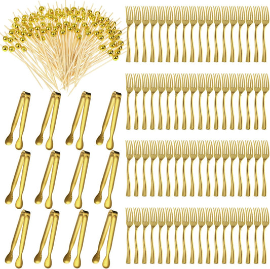 Therwen 184 Pcs Gold Serving Utensils Set 72 Plastic Appetizer Forks 100 Cocktail Toothpicks 12 Stainless Steel Tongs Charcuterie Utensils for Family Festival Party Weddings Appetizers Desserts
