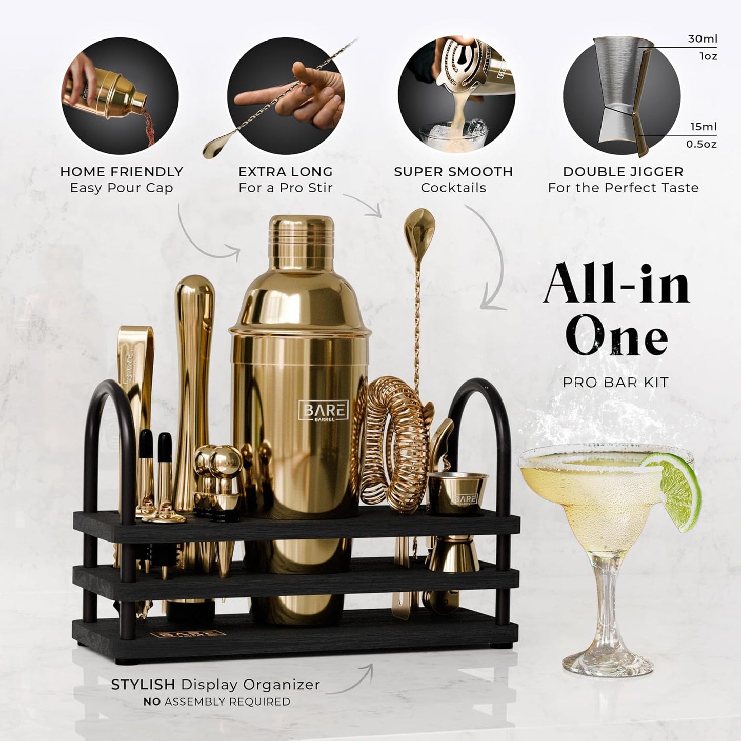BARE BARREL® Mixology Bartender Kit Bar Set | 14-Piece Cocktail Shaker Set | Martini Barware Mixing Tools for Home Bartending | 35 Recipe Cards | Gift Set (24oz Cobbler Shaker, Gold/Black)