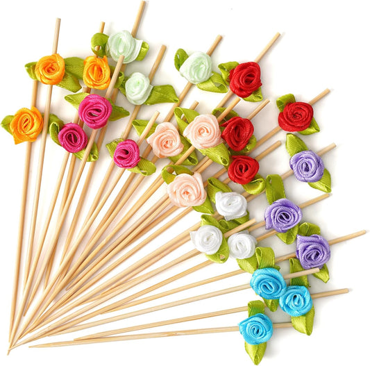 Minisland Multicolor Rose Flower Cocktail Picks, 4.7 Inch Long Bamboo Fancy Toothpicks for Appetizers, Bridal Shower Wedding Valentines Party Food Drinks Garnish Fruit Skewer Sticks 100 Counts -MSL129