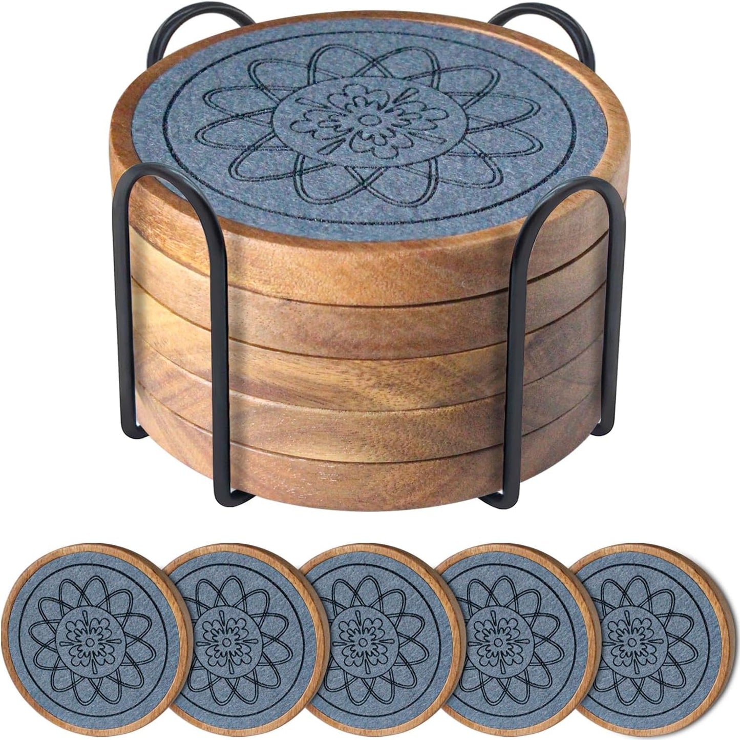 5 Pack Coasters for Drinks Absorbent, Coasters for Coffee Table with Holder, Non-Slip, Non-Stick, Suit for Kinds of Cups 4.3 inch Gray