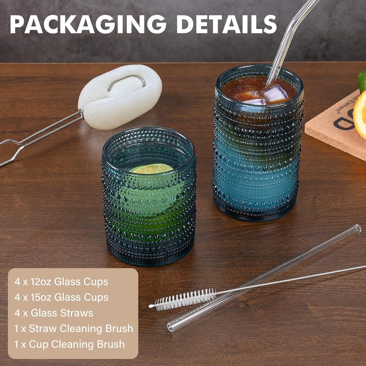 ZMOWIPDL Vintage Hobnail Drinking Glasses Set of 8,Blue 12 oz & 15oz Highball Glass Cups,Kitchen Drinkware Glassware,Embossed Water Tumbler,for Beer,Cocktail,Whiskey,Juice and Various Mixed Drinks