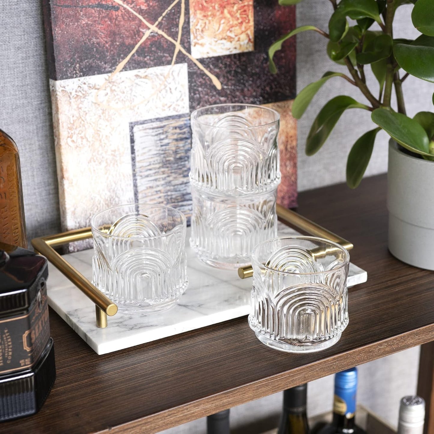Viski Beau Lowball Tumblers Set of 4, Vintage Crystal Whiskey Glasses for Old Fashioneds, Scotch & Bourbon, Art Deco Cocktail Glasses with Arch Design for Home Bar, Birthday Gifts for Men, 11 oz