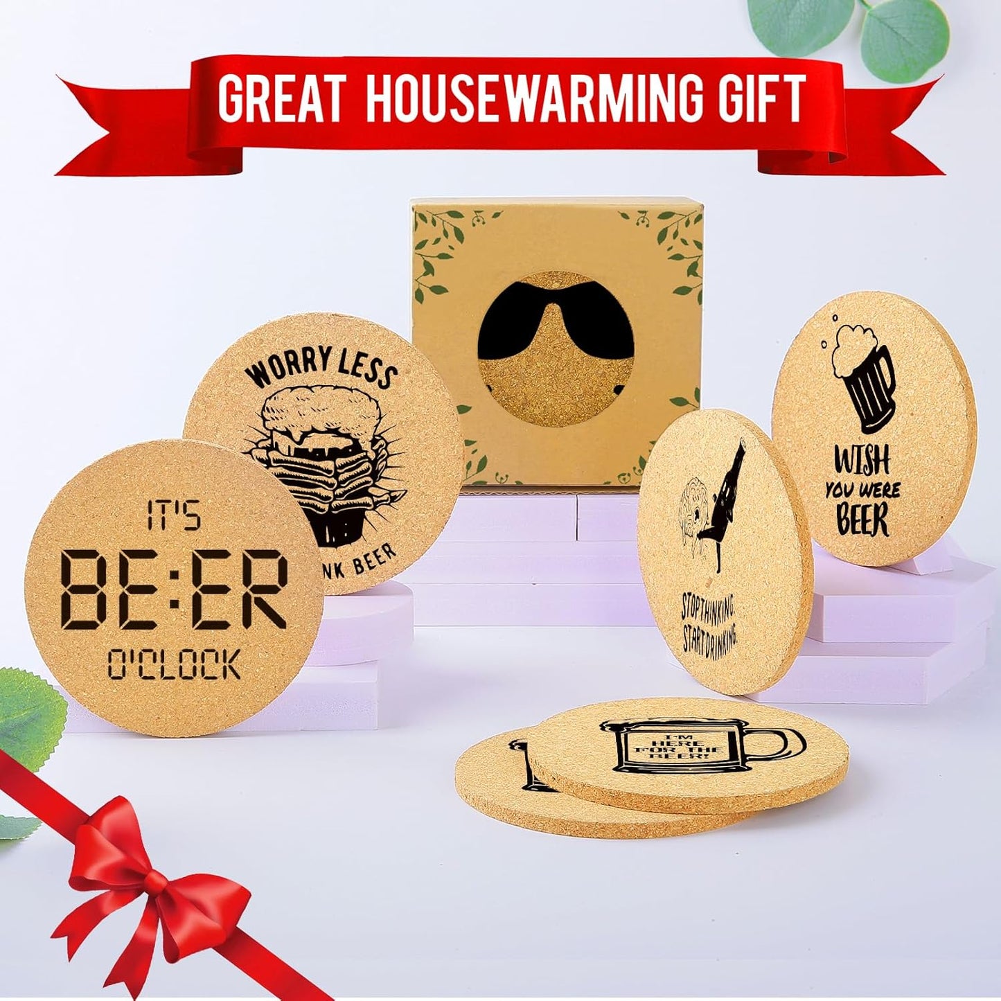 Coasters for Drinks with Holder Set of 6, Absorbent Cork Wood Coaster for Cup Desk Office Table Kitchen Decor House Warming Gifts for New Home Couples, Round 4"