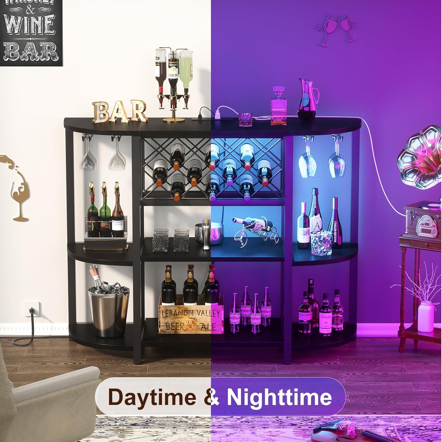 Unikito 4-Tier Metal Coffee Bar Cabinet with Outlet and LED Light, Freestanding Floor Bar Table for Liquor with Glass Holder and Wine Storage, Wine Table Bakers‘ Rack for Kitchen Dining Room, Black