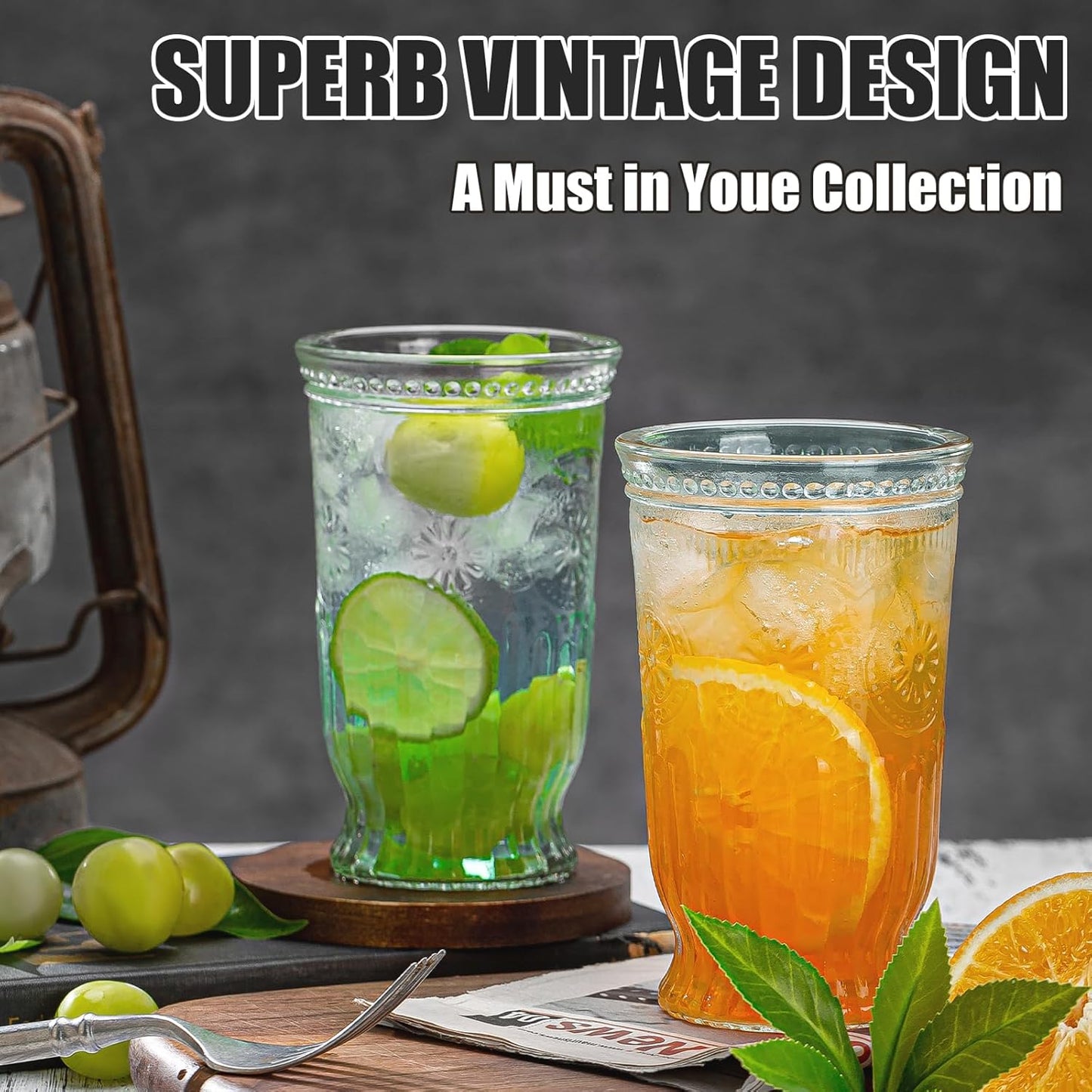 Vintage Drinking Glasses, 12 pcs Embossed Designed Highball Glasses, 16oz Glass Cups, Tall Water Glass Tumbler, Mojito Cup, Cocktail Glass, Vintage Glassware Set for Juice, Cocktail, Whiskey