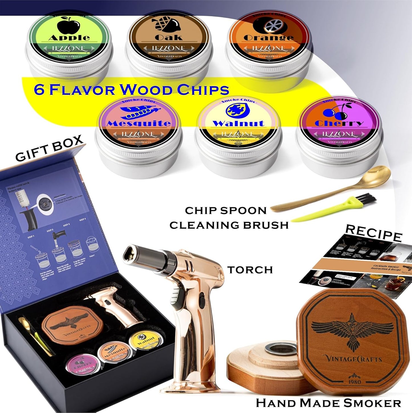 Cocktail Smoker Kit with Torch, Bourbon Smoker Kit, Old Fashioned Whiskey Smoker Kit, Smoker Whiskey Gift for Father's Day, Birthday Whiskey Gifts for Men, (Without Butane)