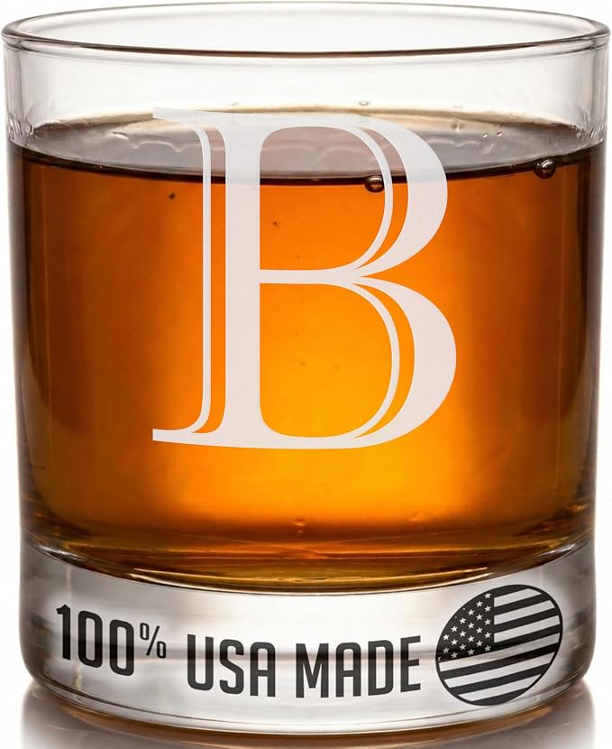 Etched Monogram 11oz Whiskey Rocks Glass (Letter J), A-Z Customized Bourbon Gifts for Men, Father’s Day, Personalized Old Fashioned Scotch Glass, Custom Engraved Gifts for Him, Initial, Name - Clear Etch B