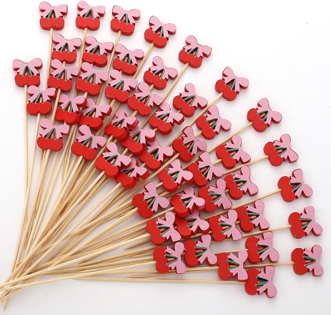 Bokon 200 Pcs Tea Party Theme Cocktail Picks Bamboo Teapot Toothpick - Cherry / Red
