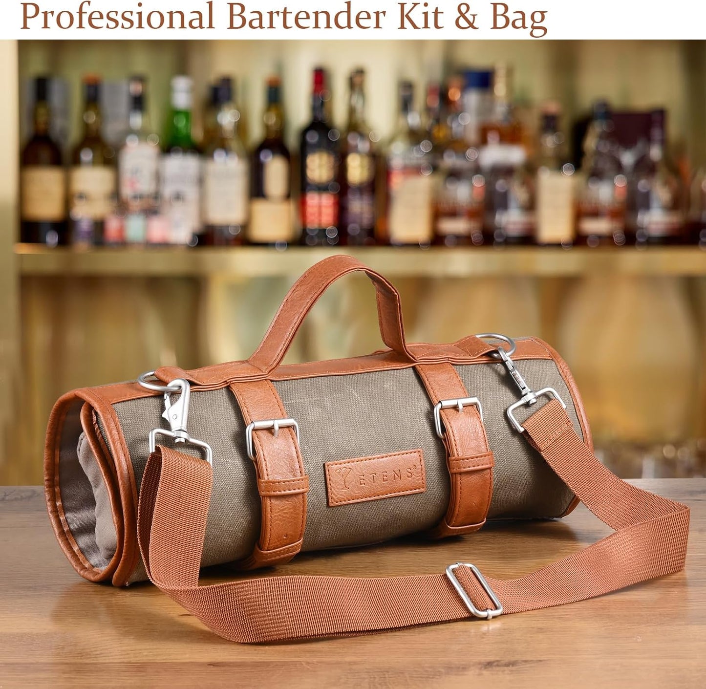 Etens Travel Bartender Kit – 22-Pc Bartending Kit with Bar Tools Bartender Accessories, Waxed Canvas Tool Bag – Professional Stainless Steel Bar Tools Set with Standard Jigger, Unbreakable Squeezer